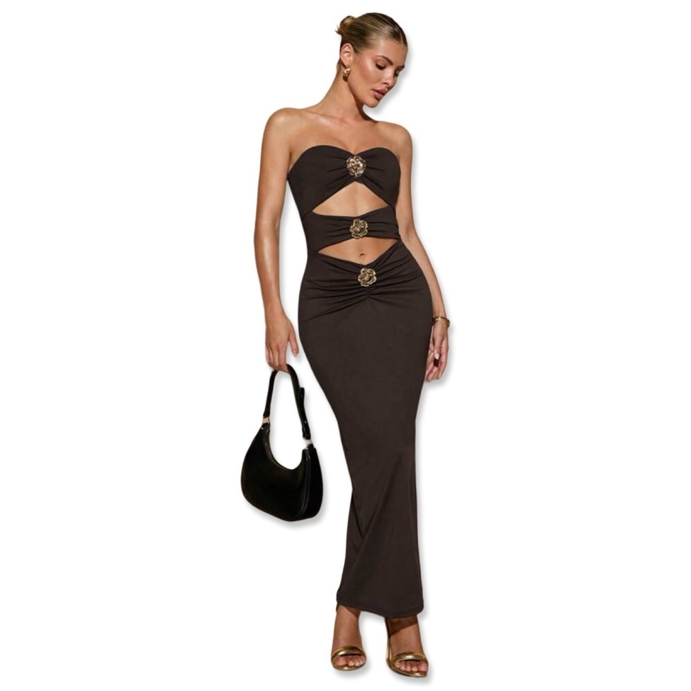 Brown Cut Out Strapless Maxi Dress with Gold Flower Hardware Details | BRAND NEW
